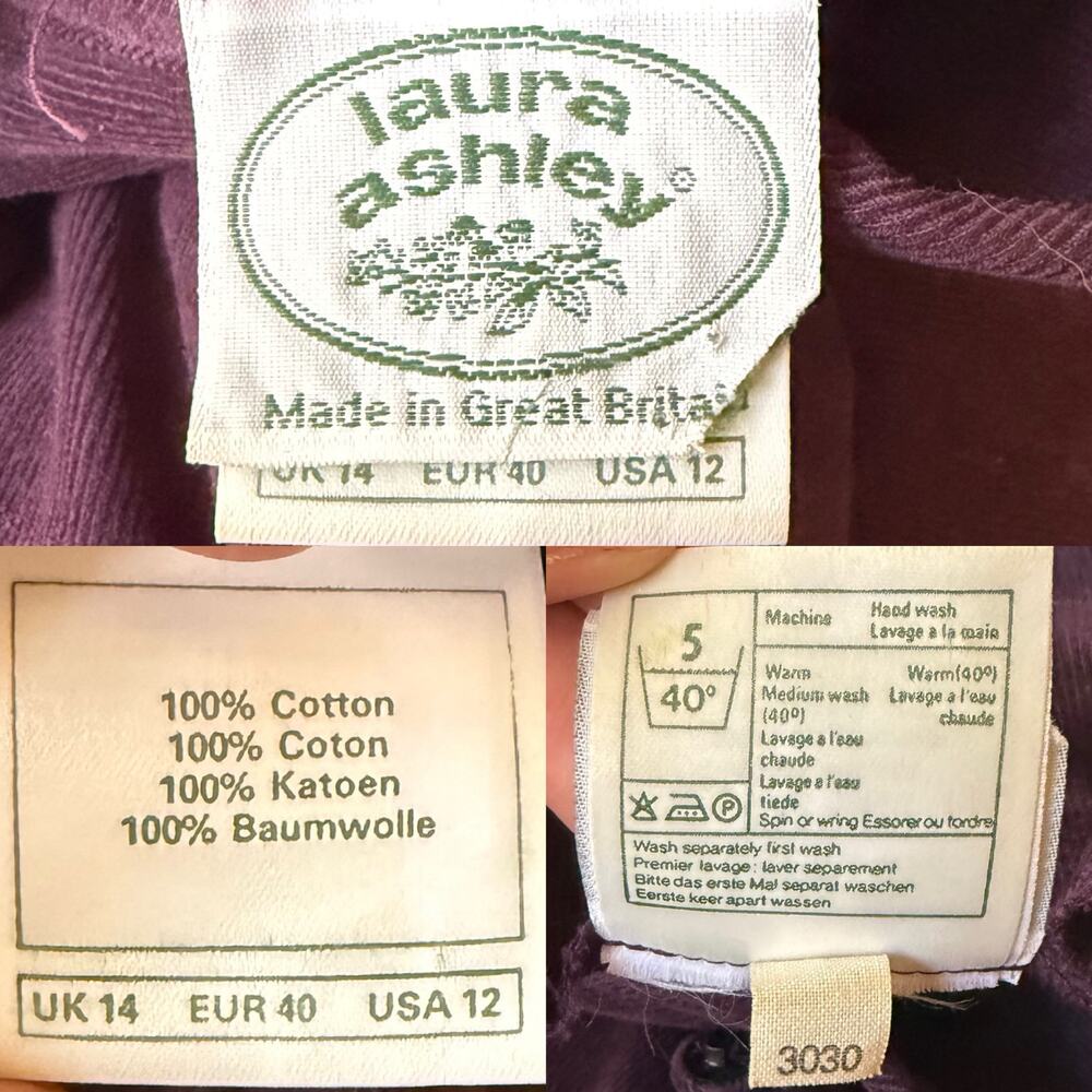 Laura Ashley Vintage 80s Deep Purple Corduroy Button Front Midi Dress Size 12 - Picture 15 of 16